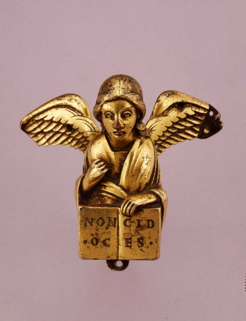 Figure d’applique : Ange en buste tenant les textes du sixième commandement